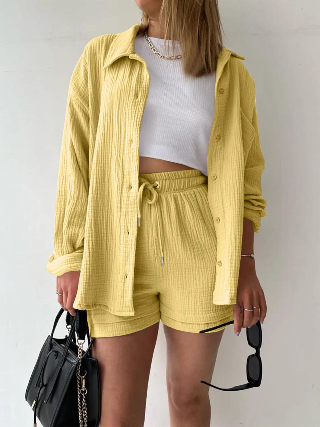 Audry Texture Button Up Shirt and Drawstring Shorts Set