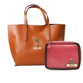Customized Women's Tote Bag in Vogue (Product 1)   Mini Make up kit (Product 2) - Tan Wine