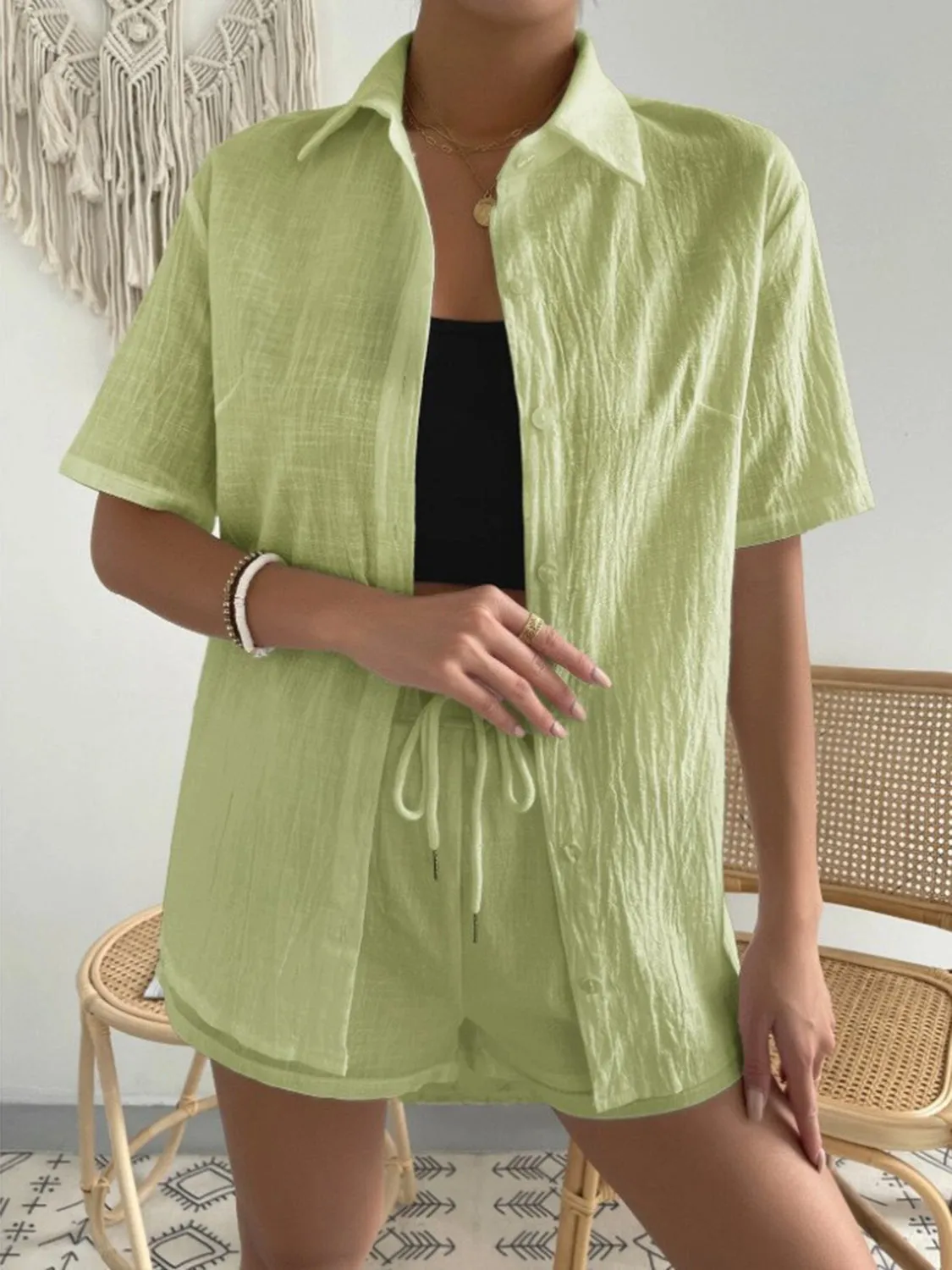 Gilly Button Up Short Sleeve Shirt and Drawstring Shorts Set