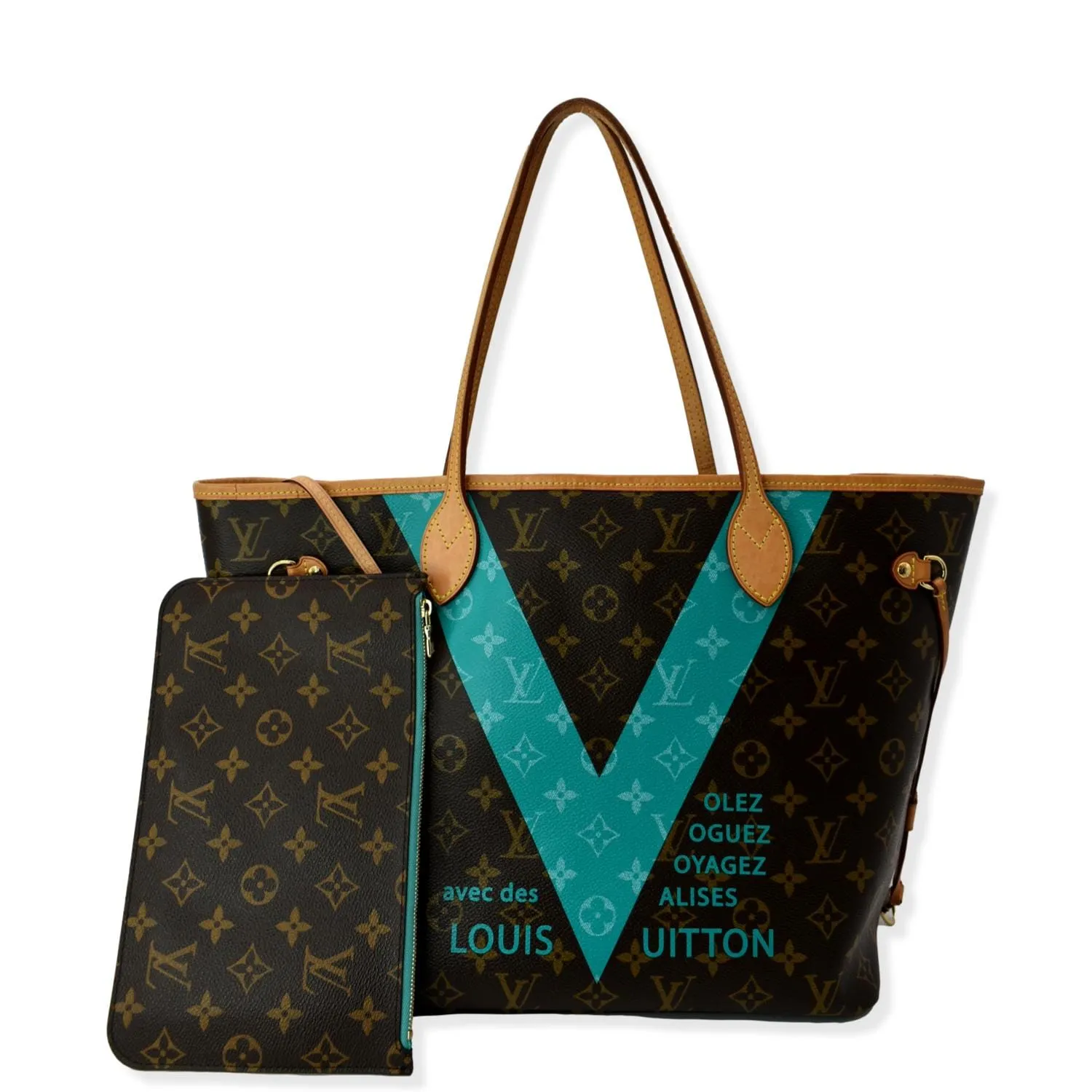 LOUIS VUITTON Limited Edition V Neverfull MM Monogram Canvas Tote Bag Turquoise