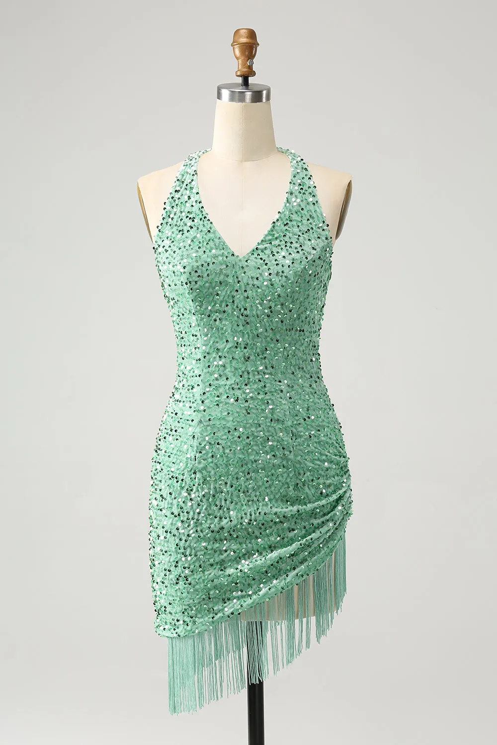 Sparkly Fuchsia Bodycon Halter Sequin Short Homecoming Dress with Tassels