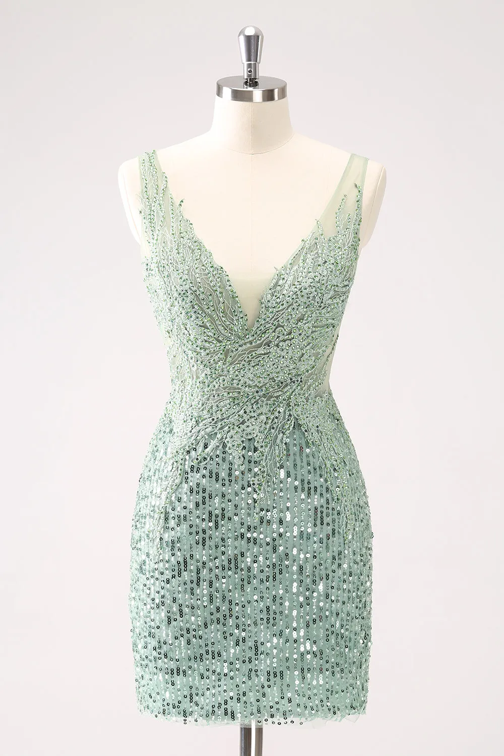 Sparkly Green Bodycon V Neck Sequin Short Homecoming Dress with Beading