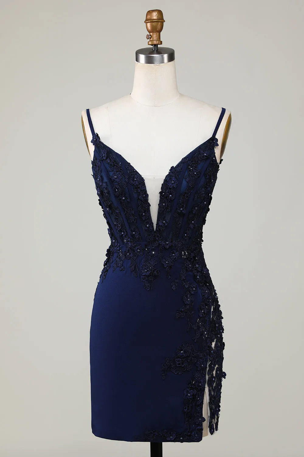 Sparkly Navy Tight Corset Short Homecoming Dress with Lace