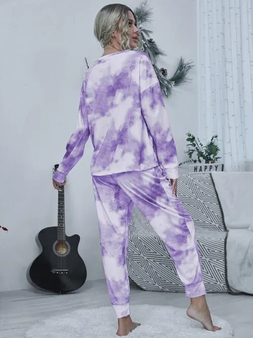 Tie-dye Round Neck Top and Drawstring Pants Set (4 Colors)